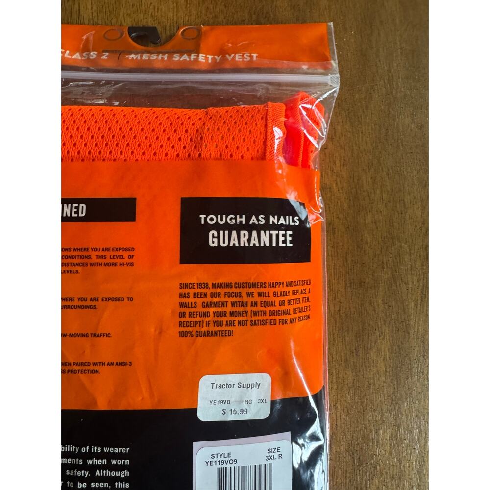 NWT Walls ANSI Class 2 Safety Vest 3XL Orange Hi Vis Reflective Mesh - Picture 9 of 10